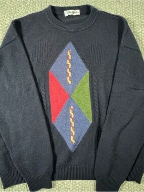 Vintage Italian Wool Geometric Crewneck Sweater with Color Block Diamond